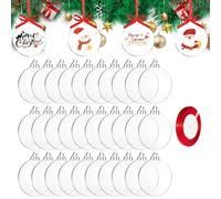 TAIANJI 50 Pcs Christmas Acrylic Clear Disc 10cm, Acrylic Round Ornaments with Red Ribbon, DIY Blank for Xmas Tree Party Hanging Decoration Supplies