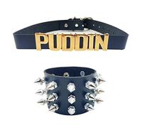 Taichell Puddin Choker Necklace Spike Bracelet Set Black Letters Collar Choker Cosplay Punk Words Halloween Cosplay Leather Choker Necklace Bracelets for Women Girls, White, Adjustable (12-16 inches)