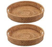 TAICHEUT 2 PCS 25cm Round Rattan Woven Serving Trays, 10 Inch Decorative Woven Tray with Handle,Coffee Table Trays for Snacks, Candy, Bread