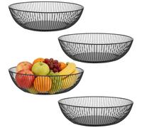 TAICHEUT 4PCS Black Wire Fruit Basket, 28x7.5cm Modern Large Round Metal Bowl for Fruits Vegetables Snacks, Kitchen Countertop Decoration