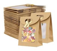TAICHEUT 50 PCS Kraft Paper Gift Bags with Clear Window, 16x12x6cm Stand Up Brown Bags with Handles for Birthday Wedding Holiday Packaging