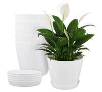 TAICHEUT 6 Pack Indoor Plant Pots with Drainage Holes and Saucers, 18cm White Modern Stripe Design Plastic Flower Pots for All House Plants