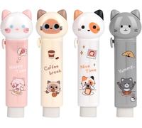 Taicols Pack of 4 Kawaii Retractable Erasers, Animal Erasers for Students, Funny Cat Shaped Erasers, Rubber Push Pull Erasers, Cute Stationery Set for Schools Offices and Painting