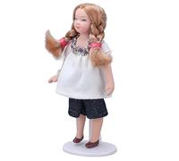 Taidda Porcelain Mini Girl Doll 1:12 Scale with Movable Limbs for Dollhouse Decoration Suitable for Children Above 3 Years Old Ceramic Stand White T Shirt Shorts Dollhouse Girl Figure