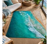 Taidianolp Area Rugs Low Pile Washable,Modern Teal Blue Beach print Beige White, 90 x 150 cm,Indoor Home Decorations Rug for Makeup Vanities Table Decor