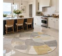 Taidianolp Round Rugs Circle Carpets,Modern Abstract Geometric Gray Beige Yellow Blue, 130 cm (4.3 ft),Low Pile Washable Rug for Bedroom Dorm Guest Dining Room Table