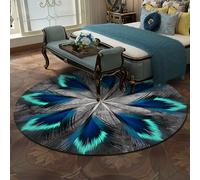 Taidianolp Round Rugs Living Room Home Decor,Turquoise,150 cm,Black Grey Turquoise Blue Green Feather Pattern Modern,5ft x 5ft Washable Short Pile Rug Floor Pet Friendly,