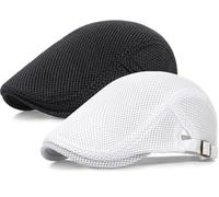 Taidor 2 Pack Men's Mesh Cap Breathable Summer Newsboy Hat Adjustable Beret Ivy Cap Irish Cabbie Driving Hunting Hats Black/White