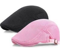 Taidor 2 Pack Men's Mesh Cap Breathable Summer Newsboy Hat Adjustable Beret Ivy Cap Irish Cabbie Driving Hunting Hats Black/Pink