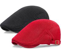 Taidor 2 Pack Men's Mesh Cap Breathable Summer Newsboy Hat Adjustable Beret Ivy Cap Irish Cabbie Driving Hunting Hats Black/Red