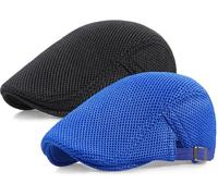 Taidor 2 Pack Men's Mesh Cap Breathable Summer Newsboy Hat Adjustable Beret Ivy Cap Irish Cabbie Driving Hunting Hats Black/Royal Blue