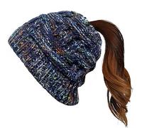Taidor Messy Bun Ponytail Beanie Hat Colored Cable Knit Cap for Women Girls Winter Blue