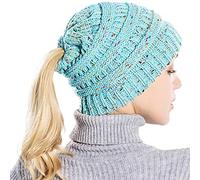 Taidor Messy Bun Ponytail Beanie Hat Colored Dots Cable Knit Cap Women Girls Winter Blue(Size: One Size)