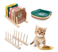 TAIHOBO 10PCS Cat Bowls, Reusable Cat Food Bowl with Wooden Plate Rack, Shallow Kitten Bowls in Plastic, Anti Whisker Fatigue Kitten Food Bowls Bear Shaped for Feeding Cat and other Small Animals