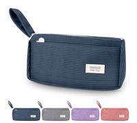 TAIHOBO Retro Pencil Case with Compartments, Corduroy Pencil Cases Boys with Handle, Soft School Aesthetic Pencil Case for Women Men, Washable Pen Case for Students and Office Workers (Haze Blue)