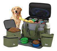 TAIHOYIN Dog Travel Bag for Pet Kit Outdoor with 2 Food Bags + 2 Collapsible Bowls + Feeding Mat + Dog Treat Bum Pouch 7-Piece Set for Pet Accessories Organizer Traveling Walking Camping, Olive Green