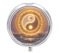 Taiji Ocean Pill Box - 3 Compartment, Round Metal Pill Case with Mirror, Portable Medicine Holder for Purse/Wallet/Travel