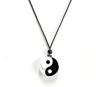 Taiji Yin Yang Feng Shui Necklace, 2.3cm/0.9'' Diameter Pendant, 32cm/13'' Adjustable Rope, Hand Made of White Turquoise and Obsidian, Tai Chi Symbol Jewelry