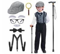 TaikaoQi Old Man Costume for Children 100 Days of School Costume for Boys - Grandpa Cosplay Accessories with Hat, Glasses, Walking Stick, Bow Tie, Braces, Magnifying Glass, Eyebrows & Moustache