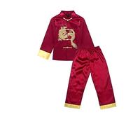 TAIKMD Boys Satin Embroidered Dragon Tang Uniform Traditional Chinese Kung Fu Tang Martial Arts Suits, Wine Red, 4-5