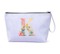 Taikuri Initial Makeup Bag Monogram Leather Cosmetic Toiletry Bag Ideal Gift for Bridesmaid & Teenager Girl Women, Purple, K