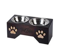 Tail Bites Elevated Dog Feeder - Wooden Raised Dog Bowl Stand for Medium Dogs, Includes 2 Stainless Steel Bowls and Bonus Durable Dog Chew Toy (13.8"x7.1"x5.9")
