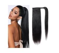 Tail Clip in Hair Ponytail Extension Human Hair #1B Natural Black Remy Hair Ponytail Silky Straight Wrap Around Ponytail Clip in Hair Extensions Hairpiece for Women Elastic Hair Ties(10inches)