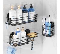 TAILI Shower Caddy Suction Cup, 3 Pack Shelves for Inside with Hooks & Soap holder Toothbrush Cups, Removable Bathroom Organizer, Rustproof Black Holder Storage-Black