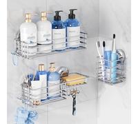 TAILI Shower Caddy Suction Cup, 3 Pack Shelves for Inside with Hooks & Soap holder Toothbrush Cups, Removable Bathroom Organizer, Rustproof Silver Holder Storage-Silver