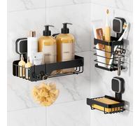 TAILI Shower Caddy Suction Cup 3 Pack, Stainless Steel Rustproof Shelves with Soap Holder Set, Drill-Free Wall Mounted Basket, Heavy Duty Removable Bathroom Organizers & Home Decor, Black