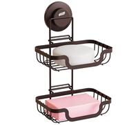 TAILI Suction Soap Dish for Shower Double Layer, Max Hold 5 KG Soap Holder Shower for Bathroom, Wall Mounted Sponge Tray, Metal Bathtub Organizer, Drill-Free Sink Holder, Stainless Steel, Brown