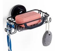 TAILI Suction Soap Dish with Hooks & Silicone Pad, Drill-Free Holder,Black | Stainless Steel Sink Sponge Tray,Max Hold 5KG Soap Holder for Bathroom Shower,Wall Mounted Removable Metal Bathtub Organizer
