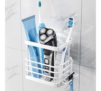 TAILI Suction Toothbrush Holder Wall Mounted, MAX Hold 5 KG, Toothbrush Holders for Bathroom, Shower Razor Organizer With Hooks, No Drilling, Removable Stainless Steel Toothpaste Organizer - White