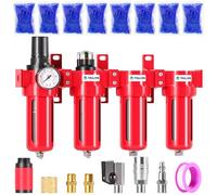 TAILONZ PNEUMATIC 0-150PSI 1/4 Inch NPT Red Industrial Grade 4 Stage Air Drying System, Particulate Filter, Coalescing Filter, Double Desiccant Dryer and Air Regulator (Manual Drainage)