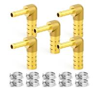 TAILONZ PNEUMATIC 5 Pieces Brass Hose Barb Reducer, 10mm OD to 8mm Hose OD 90 Degree L Right Angle Elbow with 10 Hose Clamps, Brass Barb Reducer SPLICER Fitting Fuel/AIR/Water/Oil/Gas/WOG