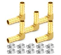TAILONZ PNEUMATIC 5 Pieces Brass Hose Barb Reducer, 16mm OD to 16mm Hose OD 90 Degree L Right Angle Elbow with 10 Hose Clamps, Brass Barb Reducer SPLICER Fitting Fuel/AIR/Water/Oil/Gas/WOG