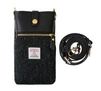 TAILORMAP Harris Tweed Handmade Crossbody Cell Phone Bag for Women Small Shoulder Purse with Microfiber Leather Wool Fabric, Black, Scottish Tartan