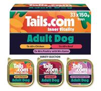 Tails.com • Wet Dog Food 33 x 150g • Variety Bundle Multipack 65% Chicken, 60% Beef and 60% Poultry & Game • Adult 1-7 years • Grain Free Recipes • Made with natural ingredients