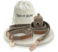 Tails of Glory - Luxury 3-Piece Dog Walking Set - Adjustable Collar, 150 cm Leash, Poo Bag Holder - English Tweed & Soft Velvet - Elegant, Comfortable & Practical - 3 Colors