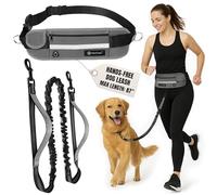 Tails & Tales Hands-Free Dog Leash with Waist Pouch, Dual Padded Handles and Reflective Strip, Shock-Absorbing Bungee for Large & Medium Dogs Up to 100 lbs, Running Walking Hiking (Gray)