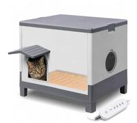 Tailtastic Outdoor Heated Cat House, Foldable Plastic, Tool-Free Setup | Weather-Resistant Outdoor Cat Shelter with Elevated Legs, Sliding Door, Removable Roof & 4-Setting Heating Pad,Grey