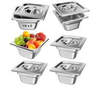 TAIMIKO 6PCS Stainless Steel Containers With Lids, Gastronorm Pan GN 1/6 Tray,100mm Depth,Food Storage Container Bain Marie Catering Food Pot Pans,1mm thickness (1/6 Pan,6pcs,with Lids)