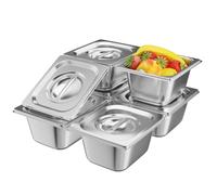 TAIMIKO 6PCS Stainless Steel Gastronorm Pan Food Container Pot Pan,100mm Depth,Heavy Duty Tray Food Storage Container Bain Marie Catering Food Pans,1mm thickness (1/6 Pan,6 PCS, With Lids)