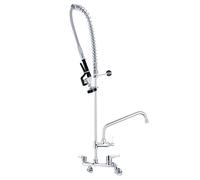 TAIMIKO Commercial Kitchen Pre-Rinse Spray Tap - Pre Rinse Mixer with 4-8 Inch Adjustable Center,Wall Mounted Tap,Double Hole Deck, Pull Out Flexible Hose Sink, Add-on 12" Swing Spout Twin Pedestal