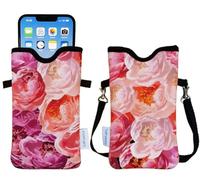 Tainada Men Women Neoprene Mobile Phone Sleeve Pouch Case Bag w/Crossbody Strap/Neck Lanyard for iPhone 17/16 Pro Max, Air, 16/15 Plus, 16e; Samsung S25+, S24, A56 (Red Pink Roses)