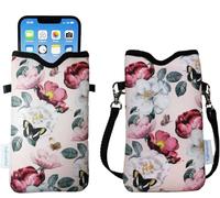 Tainada Men Women Neoprene Mobile Phone Sleeve Pouch Case Bag w/Crossbody Strap/Neck Lanyard for iPhone 17/16 Pro Max, Air, 16/15 Plus, 16e; Samsung S25+, S24, A56 (Pink Floral)
