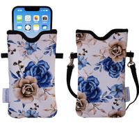 Tainada Men Women Neoprene Mobile Phone Sleeve Pouch Case Bag w/Crossbody Strap/Neck Lanyard for iPhone 17/16 Pro Max, Air, 16/15 Plus, 16e; Samsung S25+, S24, A56 (White Floral)