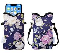 Tainada Men Women Neoprene Mobile Phone Sleeve Pouch Case Bag w/Crossbody Strap/Neck Lanyard for iPhone 17/16 Pro Max, Air, 16/15 Plus, 16e; Samsung S25+, S24, A56 (Purple Floral)