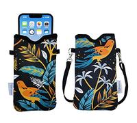Tainada Men Women Neoprene Mobile Phone Sleeve Pouch Case Bag w/Crossbody Strap/Neck Lanyard for iPhone 17/16 Pro Max, Air, 16/15 Plus, 16e; Samsung S25+, S24, A56 (Birds Floral Navy Blue)