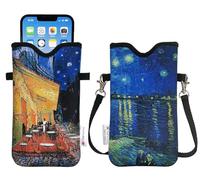 Tainada Men Women Neoprene Mobile Phone Sleeve Pouch Case Bag w/Crossbody Strap/Neck Lanyard for iPhone 17/16 Pro Max, Air, 16/15 Plus, 16e; Samsung S25+, S24, A56 (Van Gogh Café Terrace at Night)